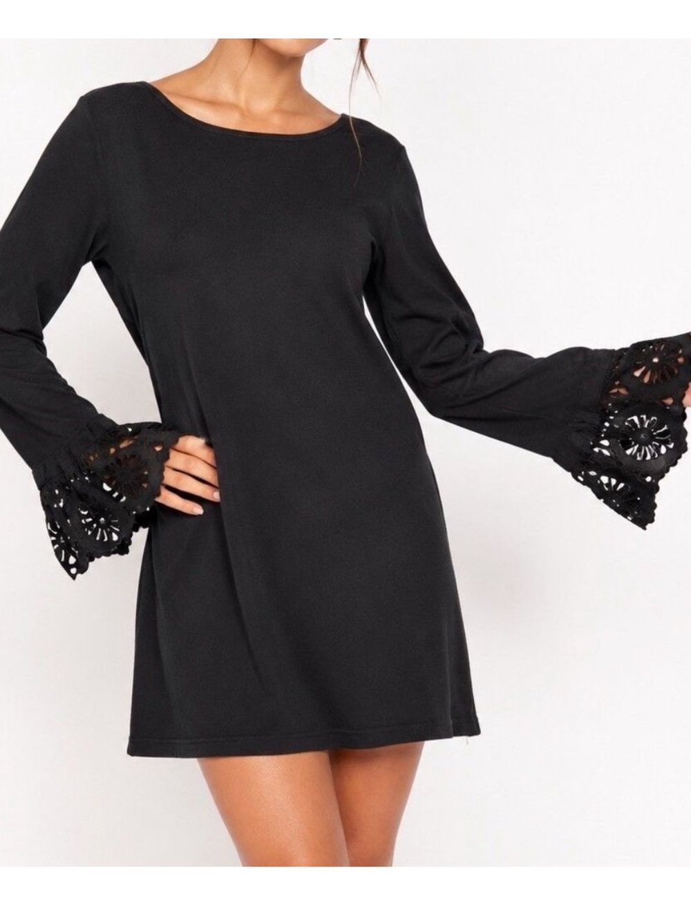 NWT Beachlunchlounge Black Long-Sleeve Solani Dress Eyelet Lace Bell Cuffs